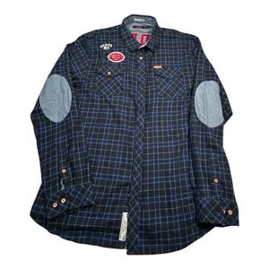 AKOO Mens 2XL Flannel Long Sleeve Button Up Shirt Blue Plaid Elbow Patches